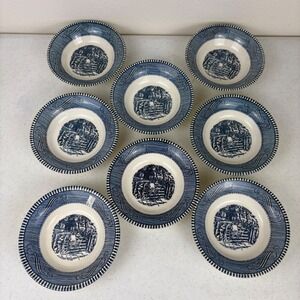 VTG Currier & Ives Blue White Old Farm Gate Fruit Berry Bowls Set of 8 Colonial